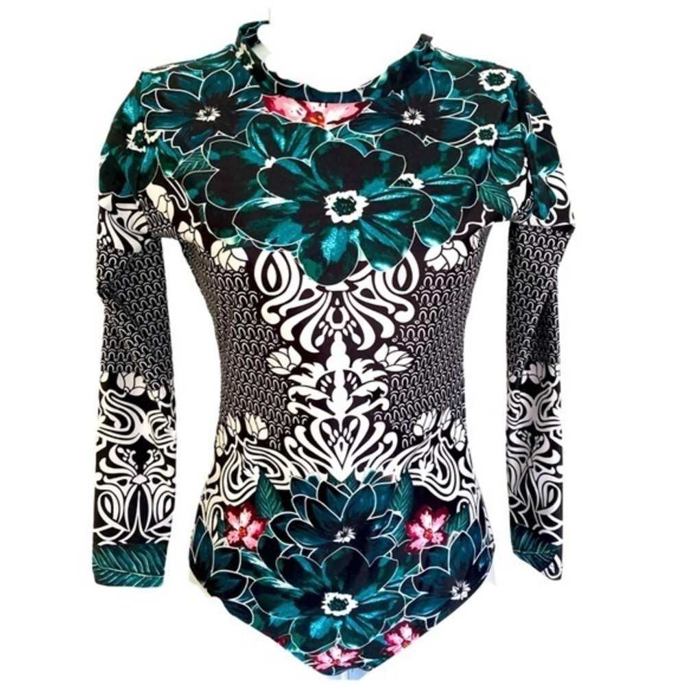 Boutique Rashguard UPF Swimsuit - S black blue  print poly elastane, NWOT